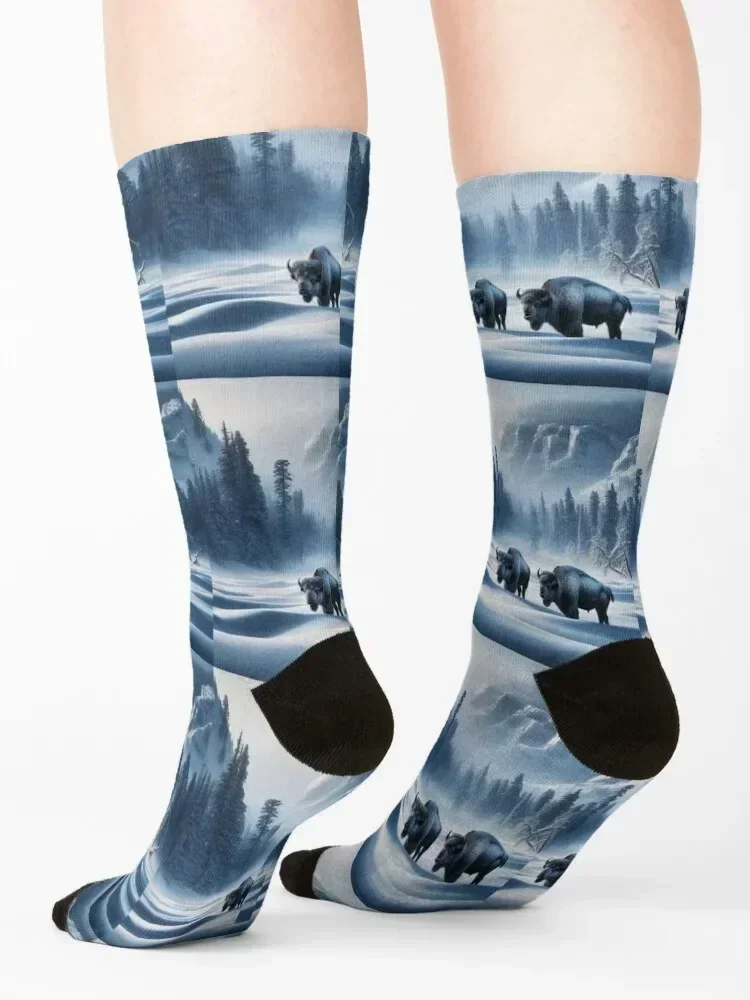 Bison Braving the Snow in a Misty Winter Landscape Socks FASHION golf hiphop Socks Men's Women's
