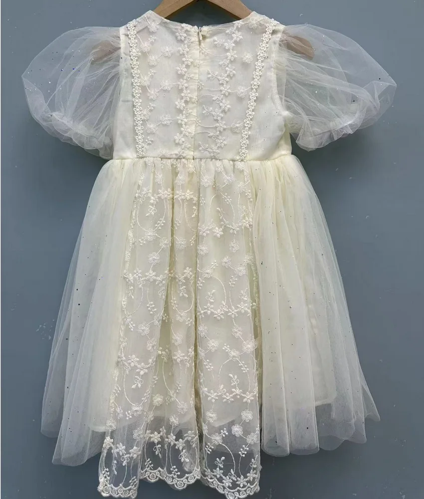 Korean Style New Summer Princess Dress Round Collar Short Sleeves Solid Color Dresses with Lace Children Clothing E23023