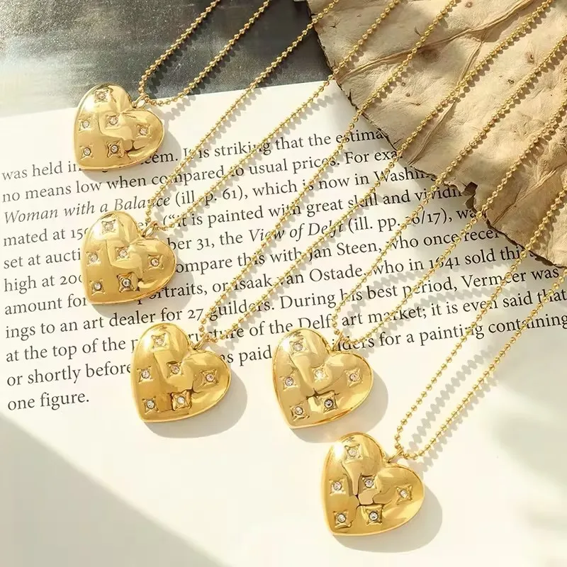 ASONSTEEL Trendy Heart Cubic Zirconia Pendant Necklace For Women Golden Stainless Steel Metal Stylish Choker Valentine\'s Gift