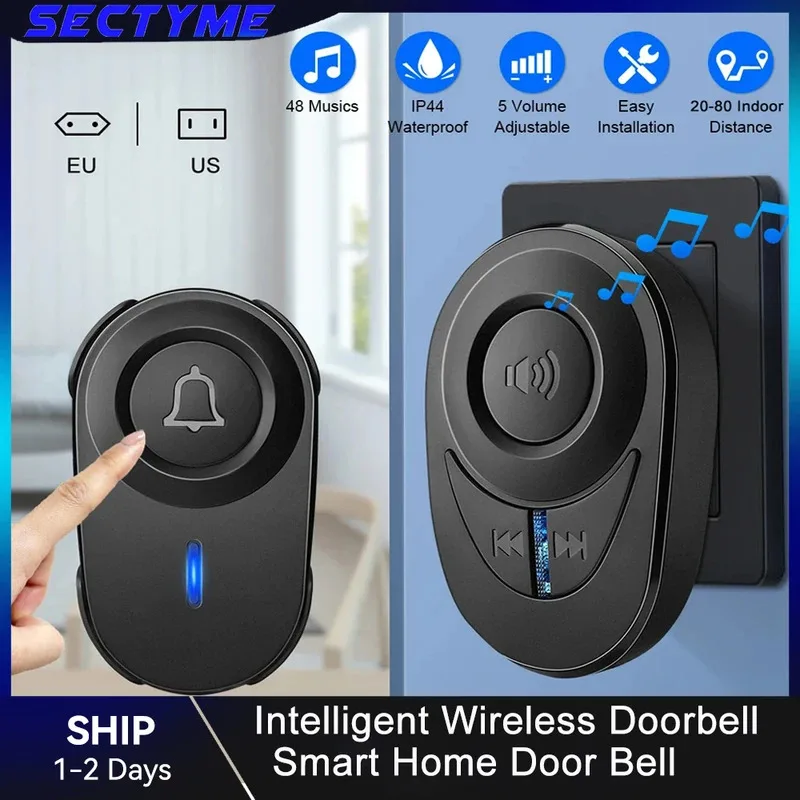 

New Sectyme Intellige Wireless Doorbell Outdoor Waterproof Smart Home Door Bell EU Plug 48 Chords LED Flash Home Security Alarm