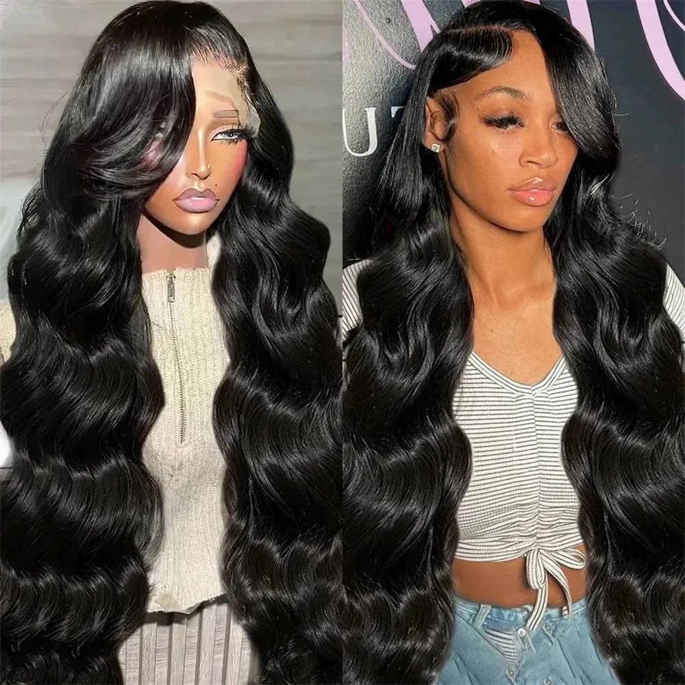 Perruque Lace Front Wig Body Wave sans colle pour femme, cheveux humains pré-épilés, noir naturel, 13x4 HD, 38 pouces, 13x6, densité 180