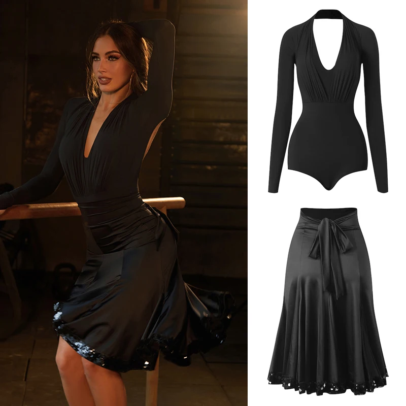 

ZYM Одежда для бальных танцев для взрослых, сексуальный топ с открытой спиной, юбка с блестками, женский костюм для латинских танцев, румба, SL14429