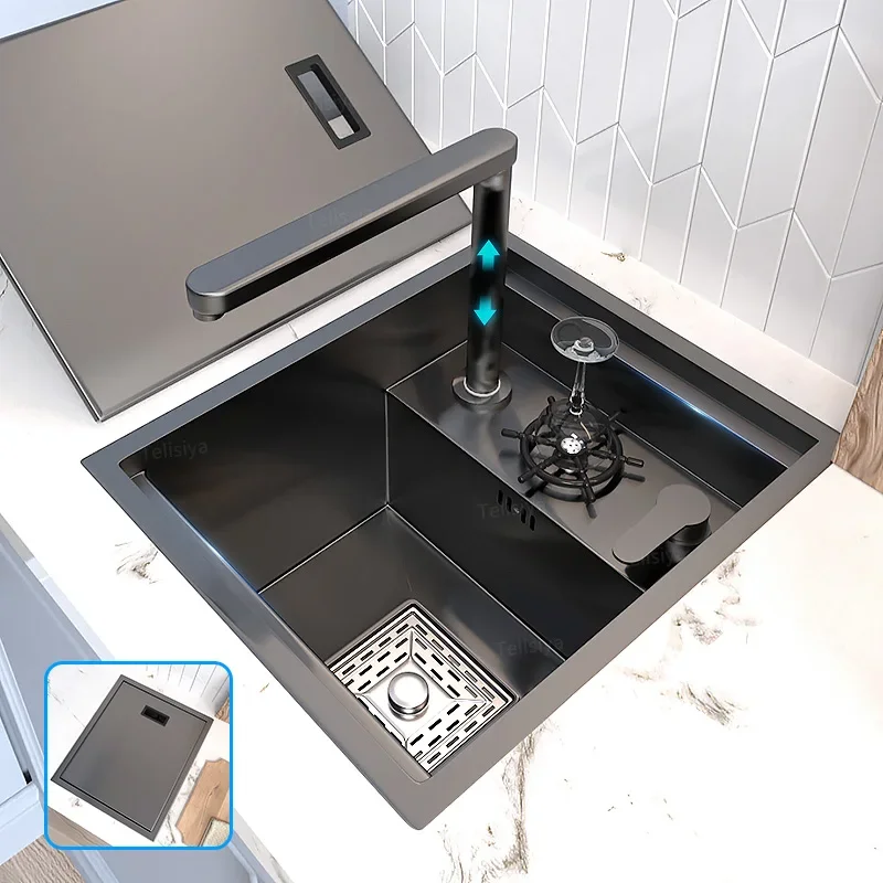 

Hidden Cup Washer Kitchen Sink Stainless Steel Mini Small Single Tank With Lid Multifunctional Bar Balcony Wash Basin