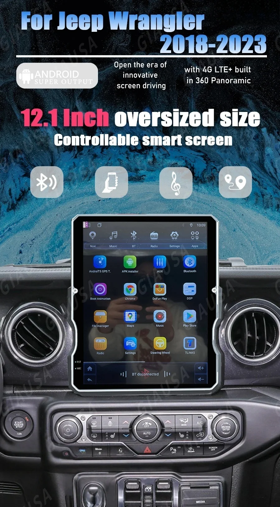 Vertical Screen Car Radio Wireless CarPlay Android 14 Head Unit For Jeep Wrangler Rubicon 2018-2023 Auto Car GPS Navi Radio