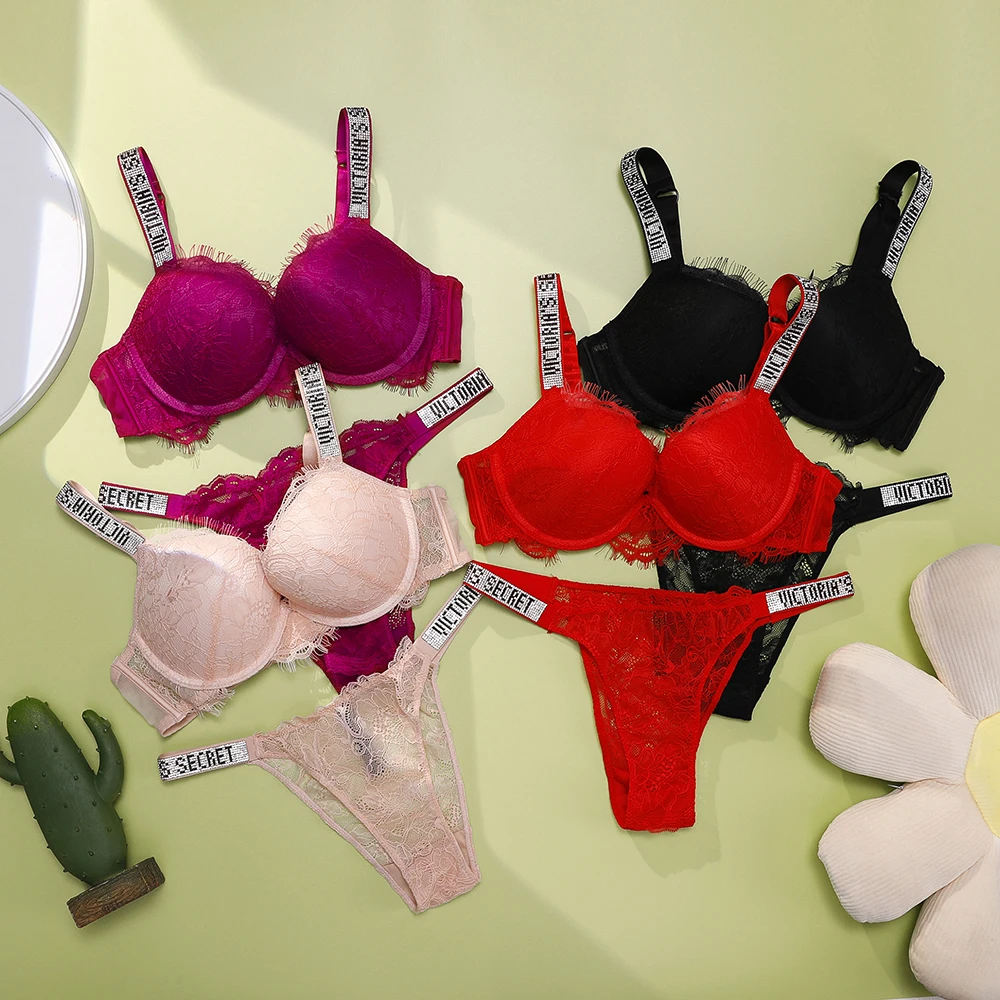 Nouvel ensemble de lingerie sexy pour femme : soutien-gorge push-up confortable et culotte, avec rembourrage ajustable, effet galbant et dentelle en V