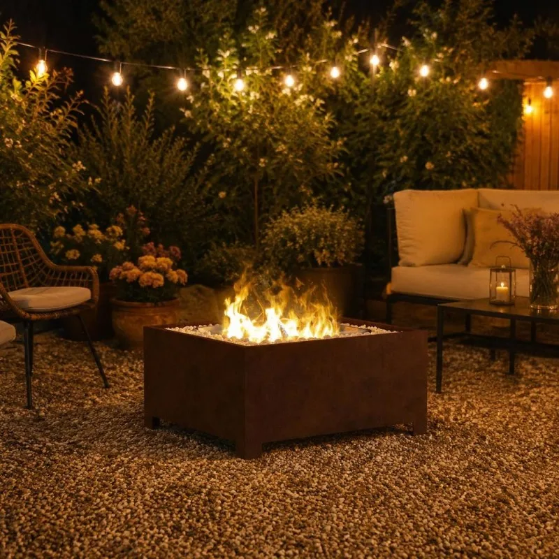 Fogata Exterior Cuadrada de Acero, Diseño Industrial Portátil, 60 x 60 x 30 cm, Acabado Mate, Resistente al Calor, Ideal para Jardín, Terraza, Patio, Reuniones Familiares y Momentos al Aire Libre, con Estufa