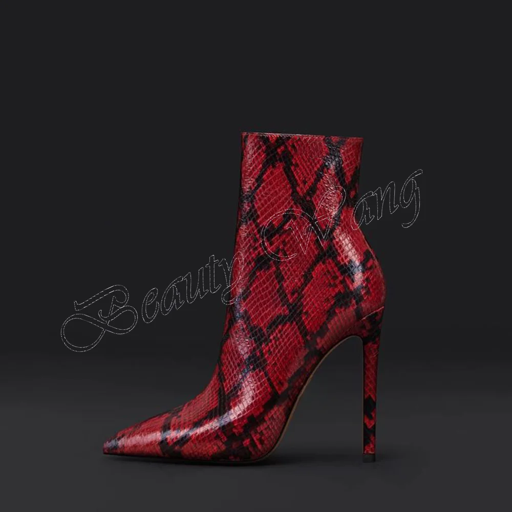 

Red Snakeskin Side Zipper Ankle Boots Cover Heel Stilettos Thin High Heels Women Shoes 2023 New Big Size Zapatos Para Mujere