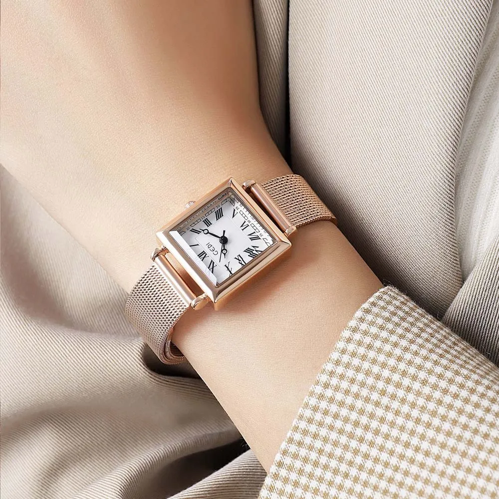 GEDI Women's Roman Vintage Small Square Dial Waterproof Quartz Watch - Luxury Mesh Strap Wristwatch for Ladies