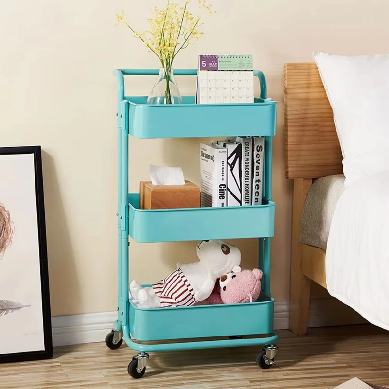 Three-layer household kitchen storage cart with handle, suitable for use in kitchen, living room and bedroom