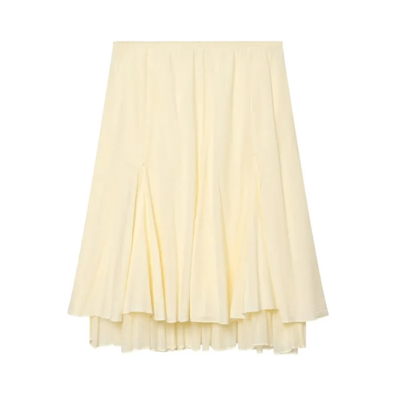 Women's Double-Layer Midi Skirt New 2026 Spring Mid Waist Pocket Elegant Elastic Waist Women Skirts Female Chic Skirts
