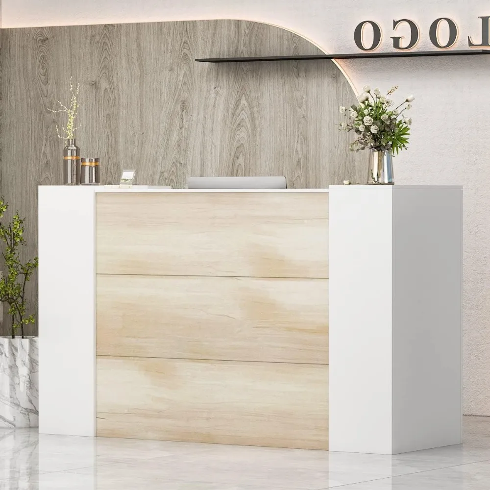 Large Reception Desk with Counter, Retail Counter with Private Lockable Storage & Adjustable Shelves, for Salon Reception Room