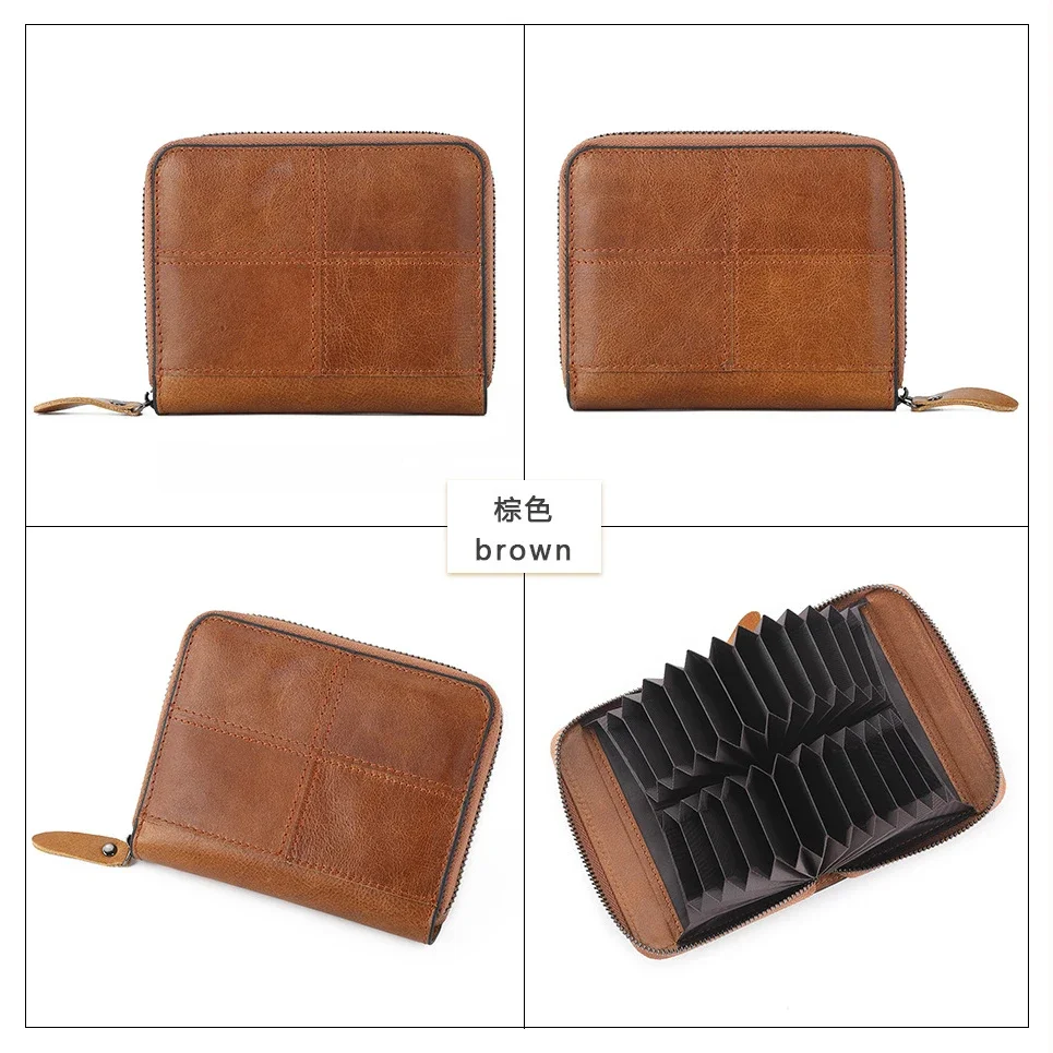 Porte-cartes en cuir véritable pour hommes et femmes, porte-passeport design Checker Stitch, portefeuille avec fermeture éclair, 24 emplacements