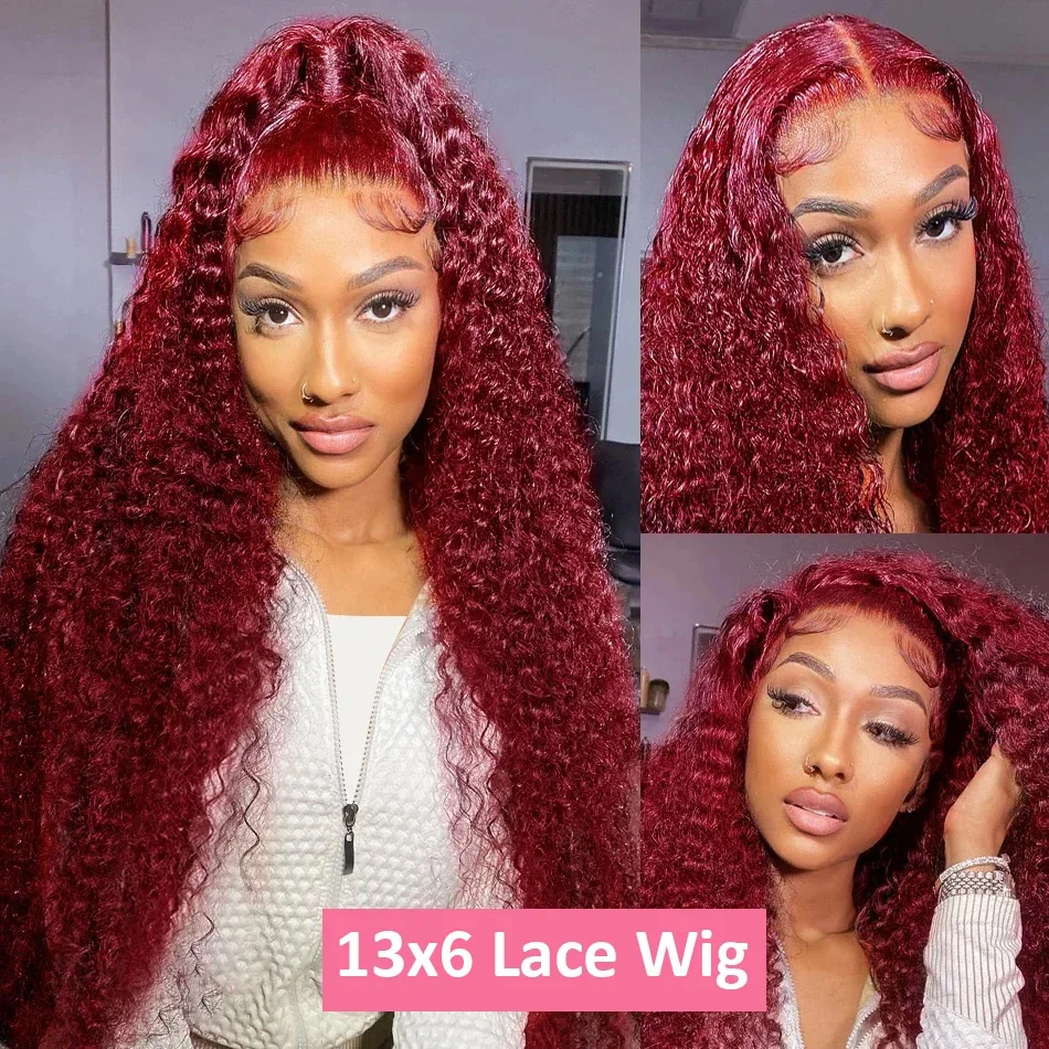 99j Burgundy Deep Wave Lace 200 Density Front Human Hair 13x6 HD Transparent Lace Frontal Wig Brazilian Hair For Black Women