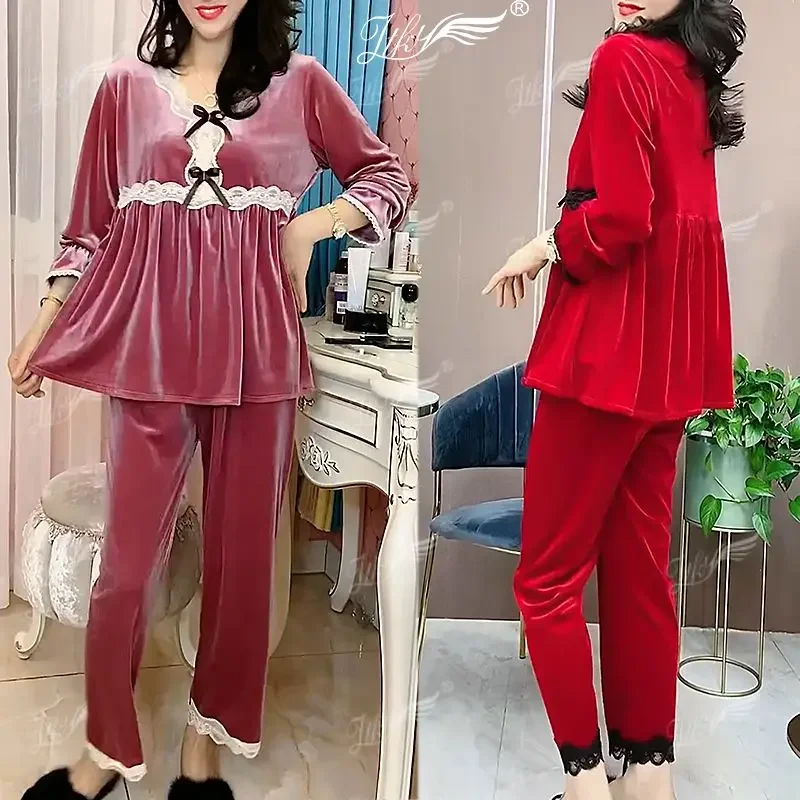 2024 New Pajamas Women's Canary Set Korean Version of Meat Loose  Comfortable Match Lace Home Wear Women's Two-piece Set  Worn