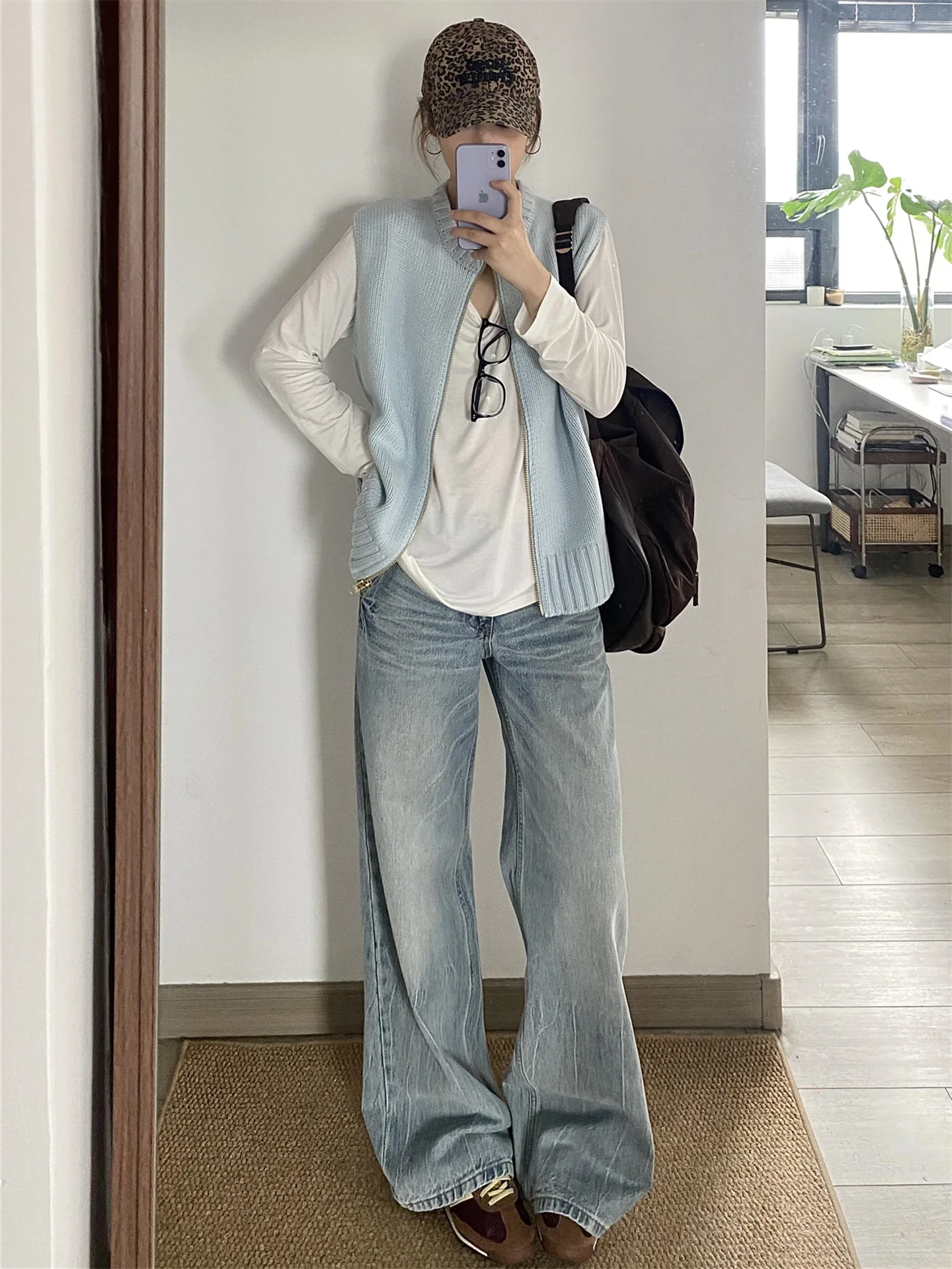 

Extended Length Straight Leg Light Blue Jeans Women's Spring Autumn Loose Slimming Whisker Design Floor Length Wide Leg P...
