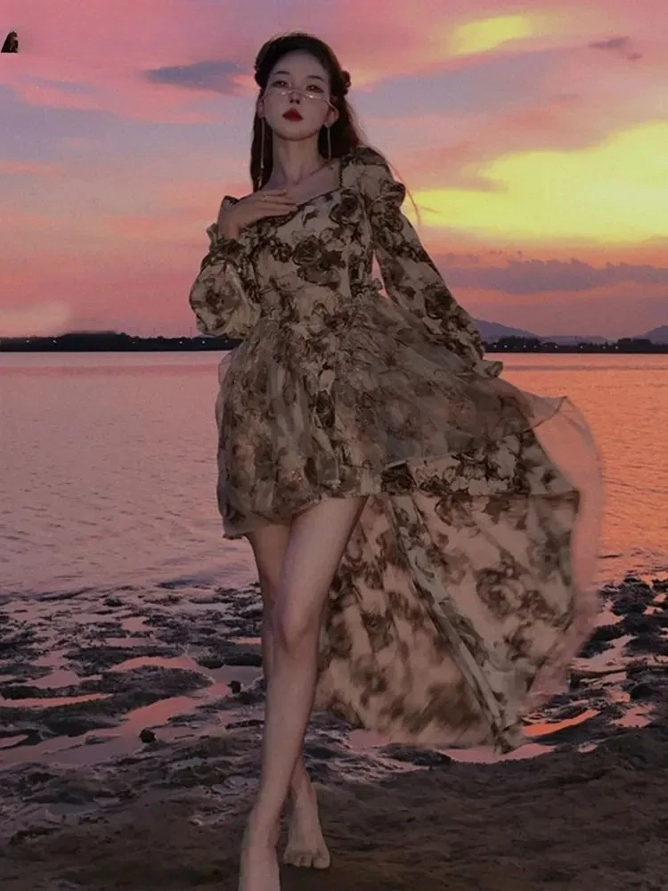 Robes de fée florales d'automne pour femmes, robes de princesse coréennes Slim de luxe de styliste, Chic, élégantes, décontractées, robes de soirée, 2025