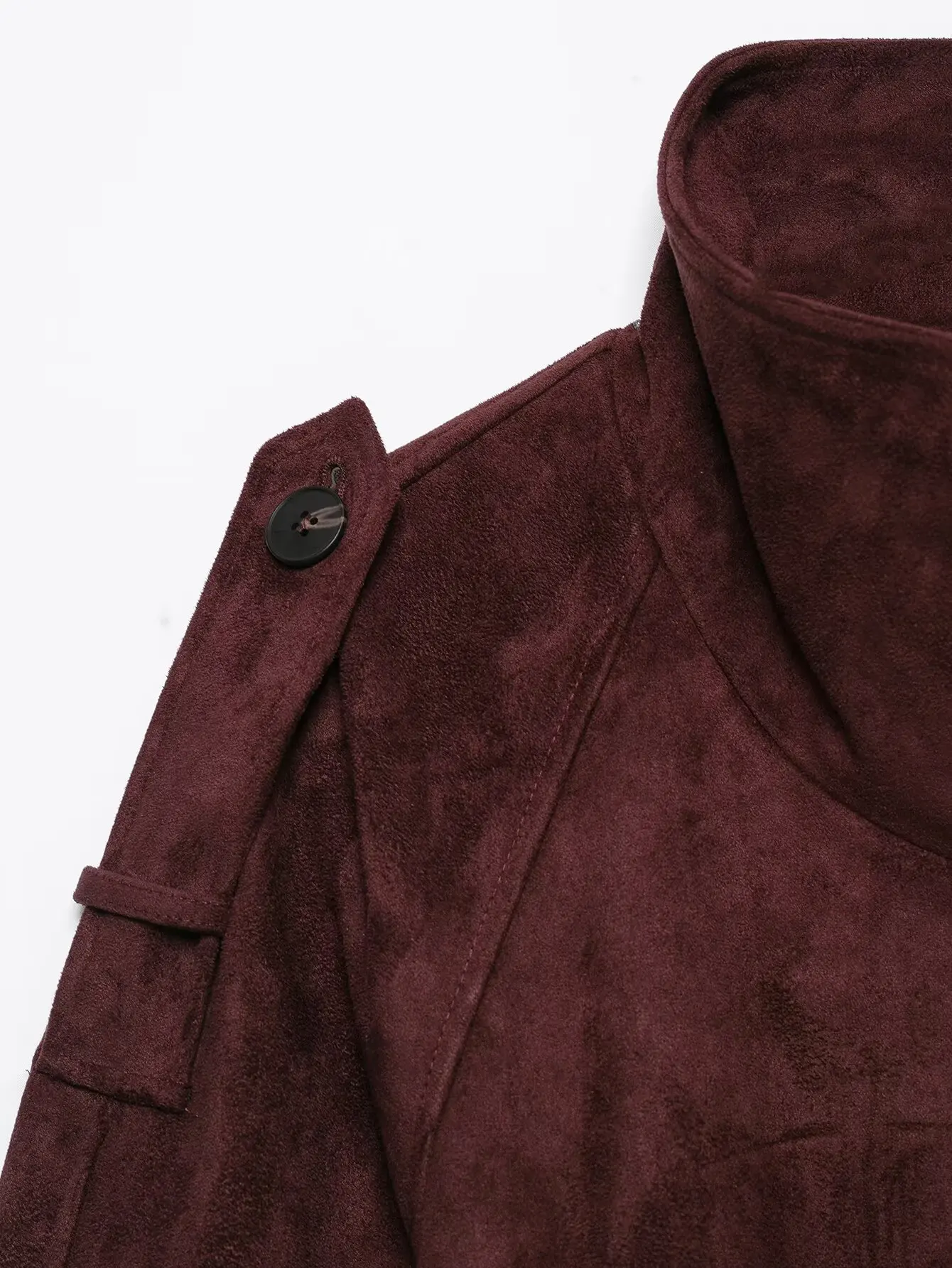 BSAY 2026 Commuter-Style Damenjacke aus Kunstwildleder, Burgunderrot, Stehkragen, Doppelreihig, mit Gürtel, Langarm, Kurze Oberbekleidung – Detail 13