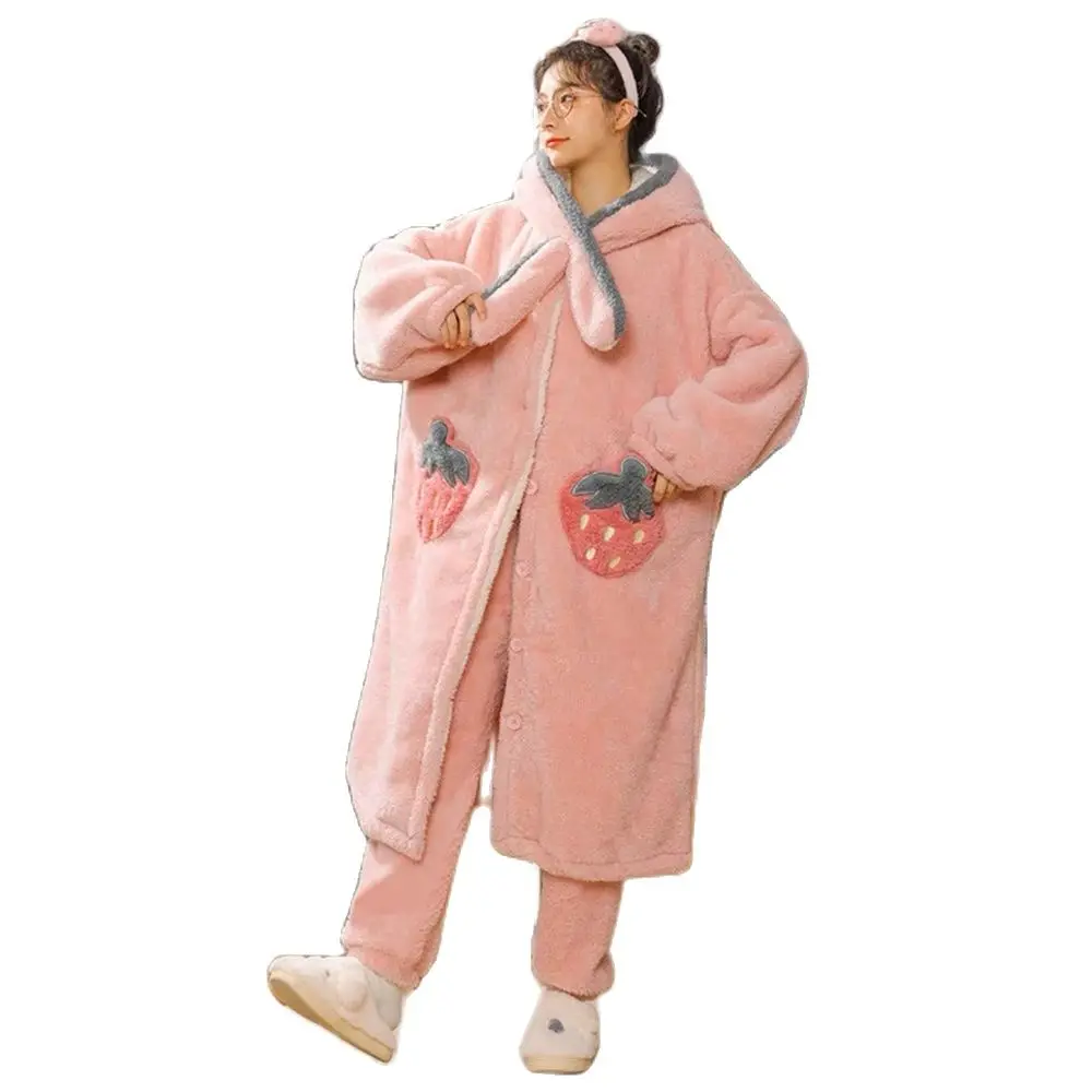 

Female Cute Strawberry Pocket Sleepwear Thickened Warm Coral Fleece Hooded Robe Nightgown Women Winter Homewear Pajamas Suit New