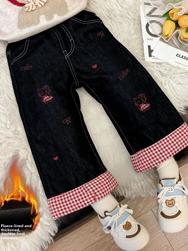 

Thiened Casual Plaid Embroidered Girls Jeans High Waist Straight Leg Long Pants Winter New Sle Cute Baby Girls Trousers