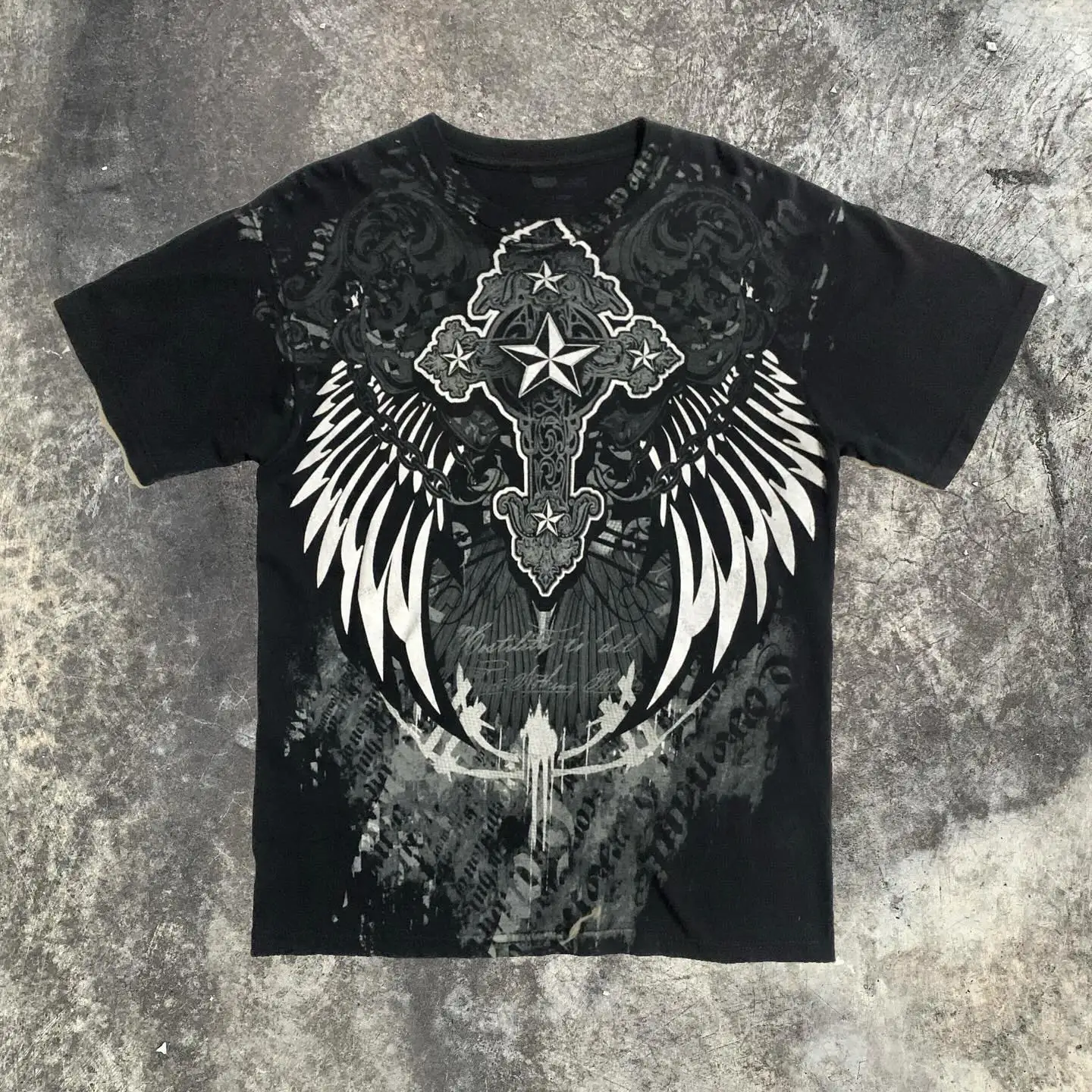 Y2K New Vintage Wings Pentagram Printed T-shirt Street Gothic Oversized Short Sleeve T-shirt Men Hip Hop Harajuku Punk Loose Top