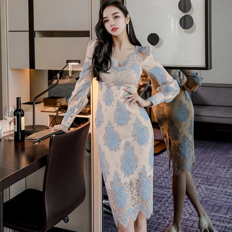 H Han Queen Spring New Elegant Simple Slim Knee-lengtgh Sheath Vestido Women's Flowers Lace Dresses Office Bodycon Pencil Dress