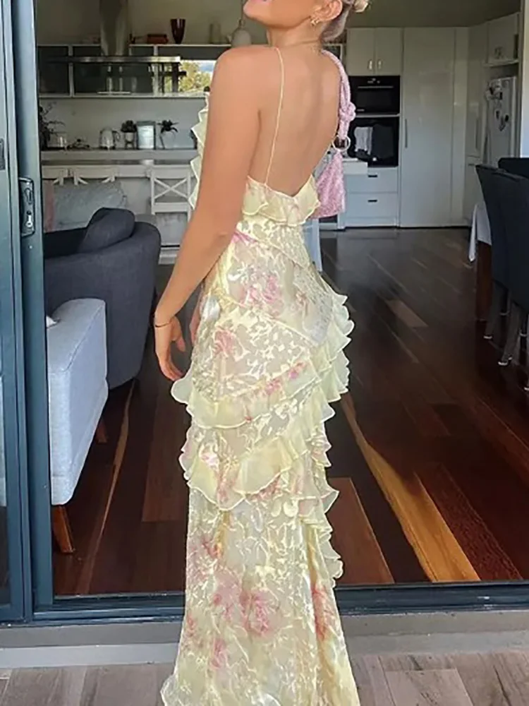 Beach Style Sexy Women Summer Maxi Dress, Ruffles Patchwork Loungewear Party Dress, 2024 Sleeveless V-Neck Printing Ladies Dress