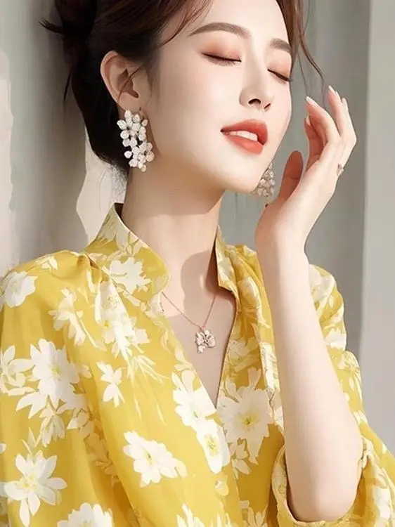 

Женская модная свободная блузка с уникальным цветочным принтом, желтая, с длинным рукавом, V-образным вырезом, повседневная, элегантная, омолаживающая, топ