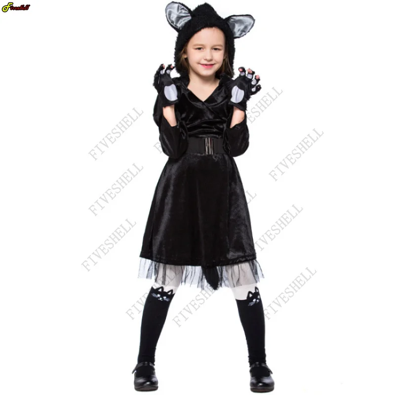 

Kids Halloween Purim Party Costumes for Kids Girls Animal Black Cat Costume Cosplay Hooded Fancy Dress Kids Dress Suit Cosplay