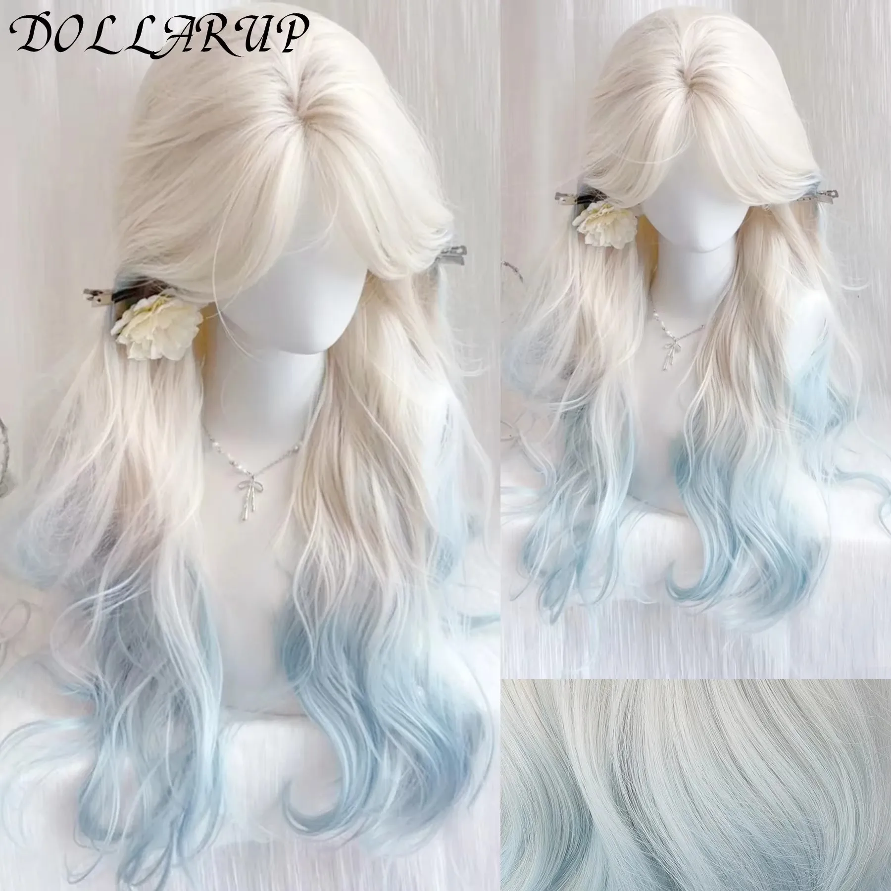 

JKL Synthetic Women Lolita Wavy Curly platinum Blue Mint Color Long Curly Hair Wigs With Bangs Cosplay Hair Wig For Daily Party