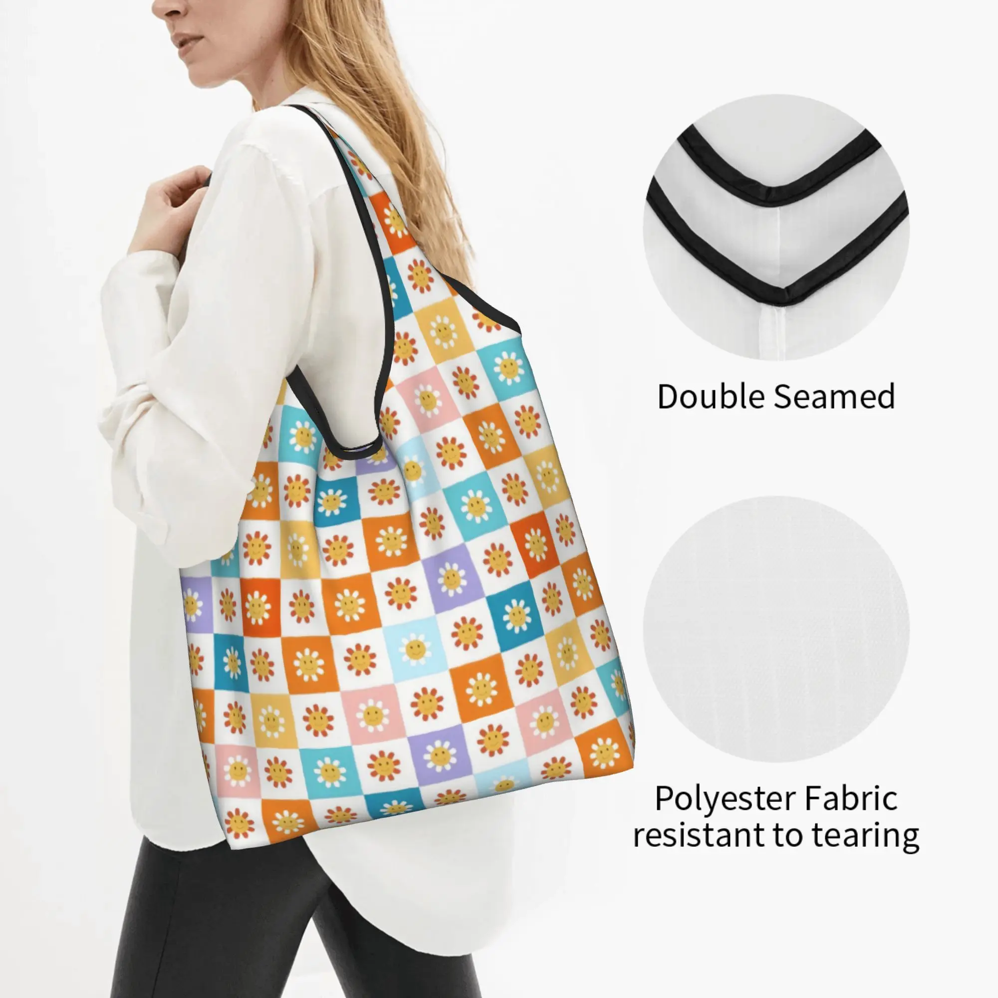 Funny Sunflower Daisy on Playful Smiley  Shopping Tote Bags Portable Checkerboard  Groceries Shoulder Shopper Bag