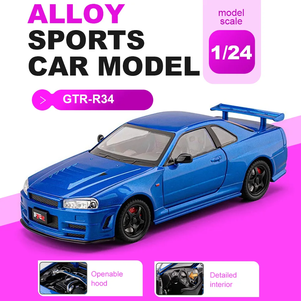 

1:24 GTR-R34 SKYLINE Diecast Alloy Models Toys Car with Pull Back Doors Opened rubber tires Miniature Sportscar Collecting Hobby
