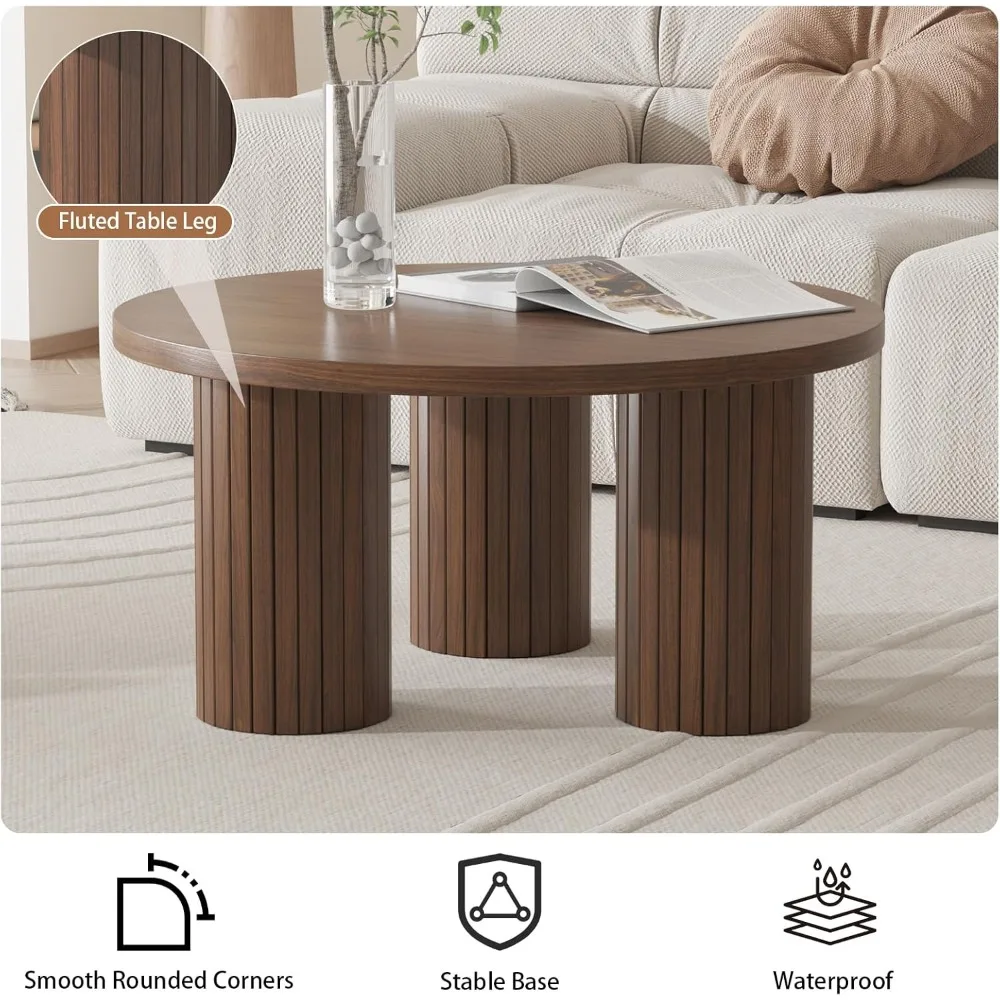 Table basse ronde de 31,5 pouces, table de salon ronde en bois avec trois pieds cannelés, table basse moderne du milieu du siècle, adaptée