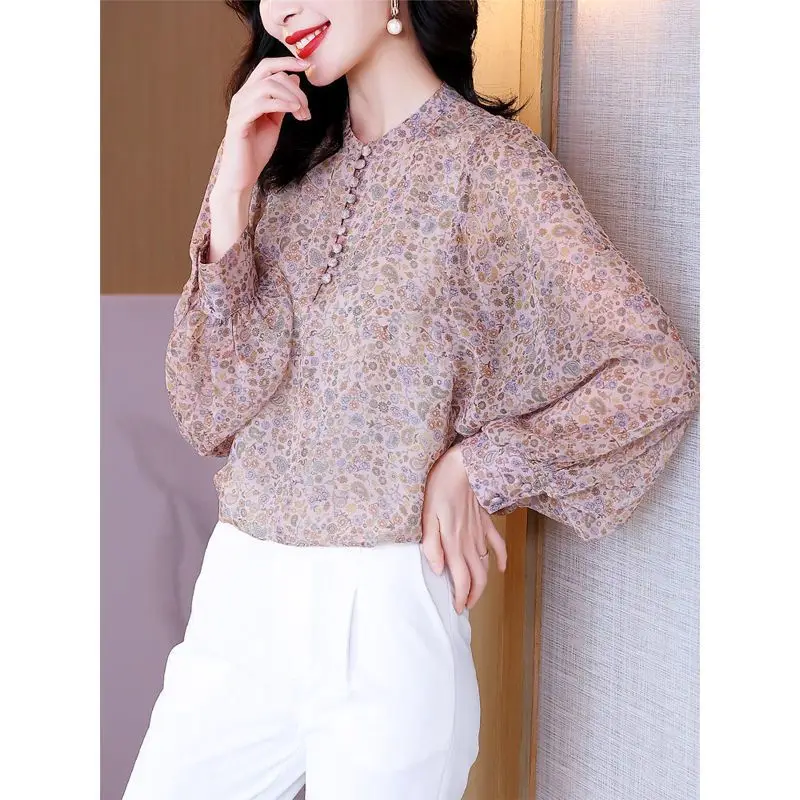 Women\'s 2024 Autumn New Splicing Stand Collar Button Printed Fashion Loose Lantern Sleeves Casual Long Sleeves Blouses Shirts