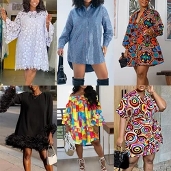 Plus Size Daily Mini Dresses Casual Blue Fall Winter Shirt Collar Long Sleeve Sequin Denim Mini Dresses