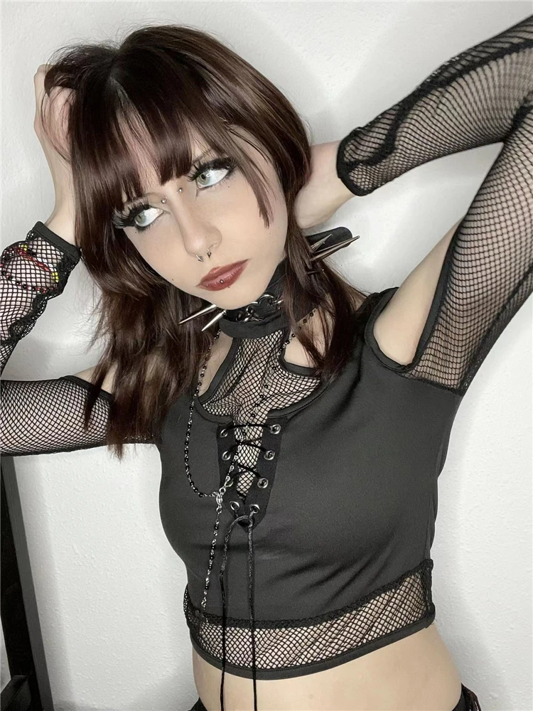 AltGoth Mall Goth Mesh T-shirt Women Vintage Sexy Hollow Out Long Sleeve Halter Crop Tee Tops Harajuku Streetwear Emo Alt Outfit