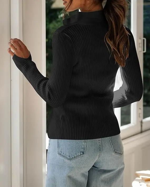 Women\'s Ribbed Knit Slim Fitted Zip Up Sweater 2023 Autumn Winter Solid Color Cardigan Long Sleeve V Neck Jumpers Streetwear