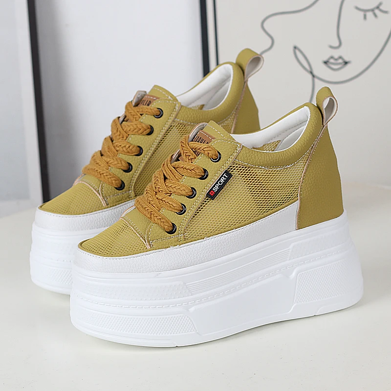 Breathable Knit White Platform Sneakers Women 12cm Inner Lift Spring Summer Lace-Up Casual Shoes  Arch Support for Petite Ladies