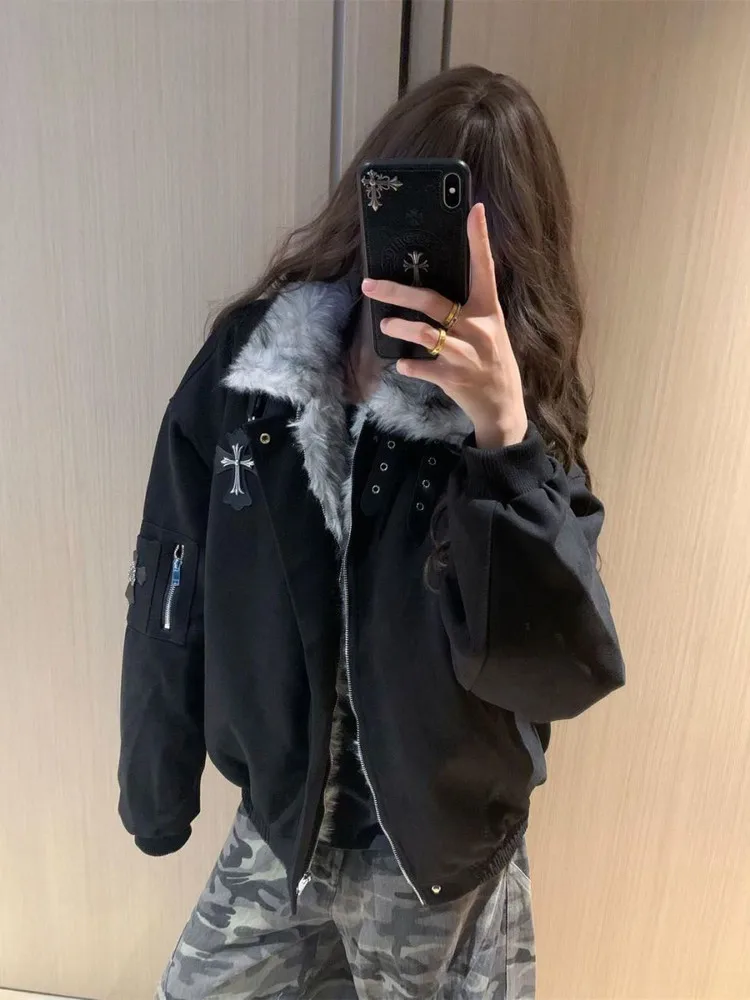 

Retro American Women's Thiened Fur Collar Jaet Autumn Winter Warm Workwear Coat ort Zipper Metal Decoration Long Sve