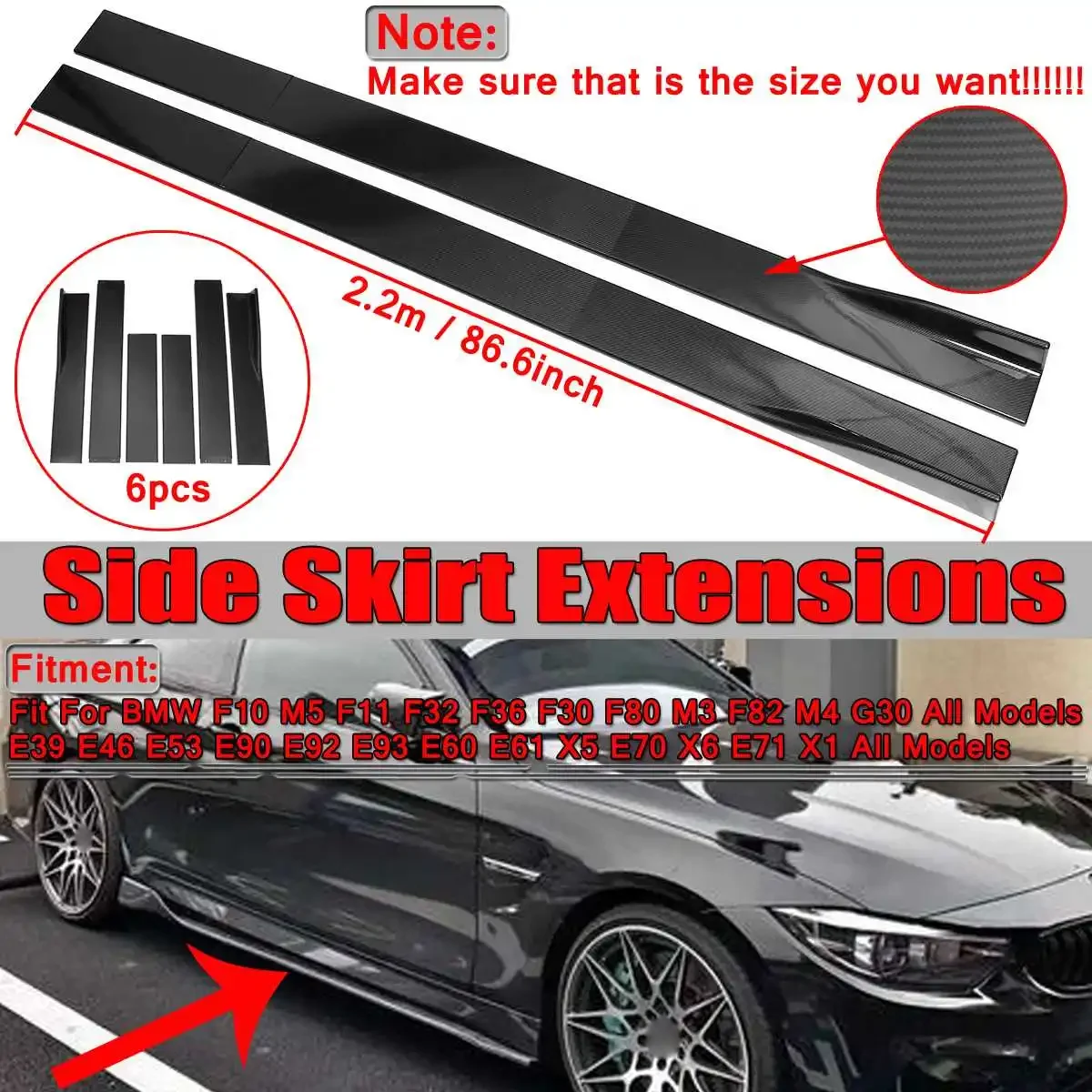 

2.2m Carbon Fiber Look Universal Car Side Skirt Winglet Extensions Rocker Splitters For BMW F30 F80 F82 M4 F32 F36 E90 E92 F10