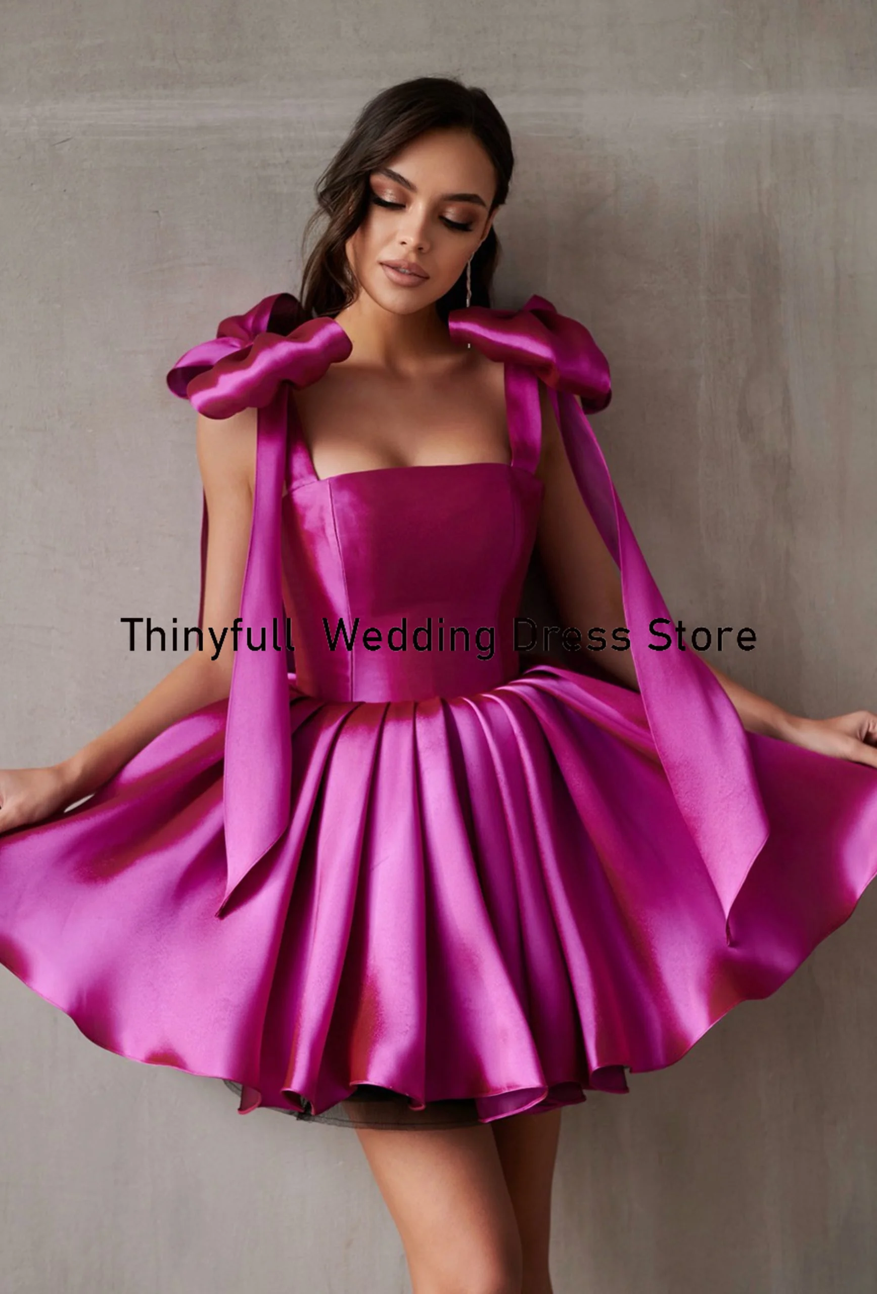 Thinyfull Short Homecoming Evening Dresses A-line Strapless Spaghetti Strap Prom Dress Satin Girl Birthday Formal Occasion Gown