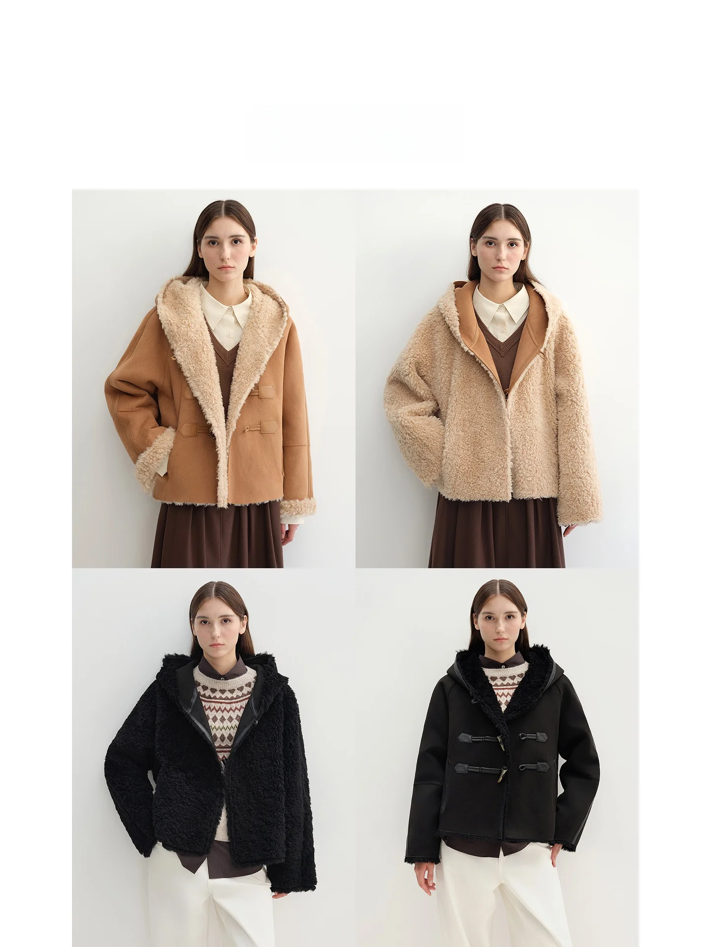 معطف صوف فرو قابل للارتداء على الوجهين من LeTrans مع أزرار قرنية وغطاء رأس، تصميم كلاسيكي أنيق ودافئ للنساء الشابات