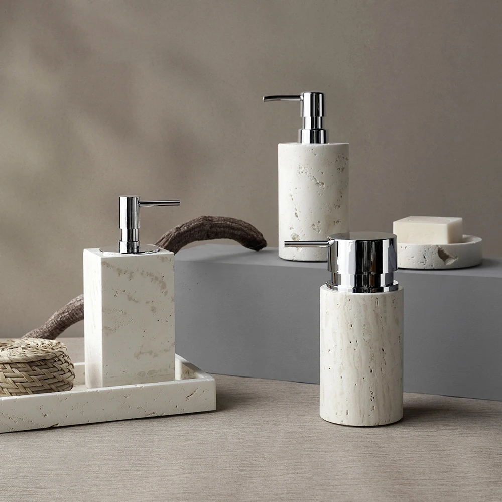 Travertine Bathroom Accessories Set Natural Marble Soap Dispenser Cotton Swabs Container Soap Dish Tray Kit Bathroom