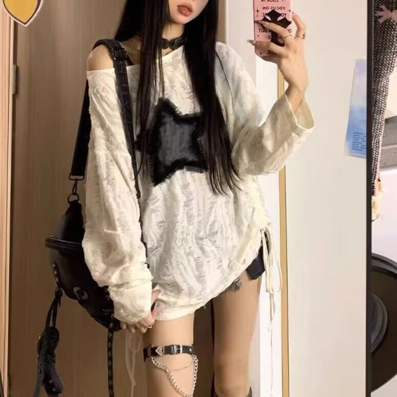 Y2K Grunge Hole T-Shirt Star Print Ripped Streetwear Off Shoulder Tops Vintage Harajuku Oversized Kpop Long Sleeveloose Tees