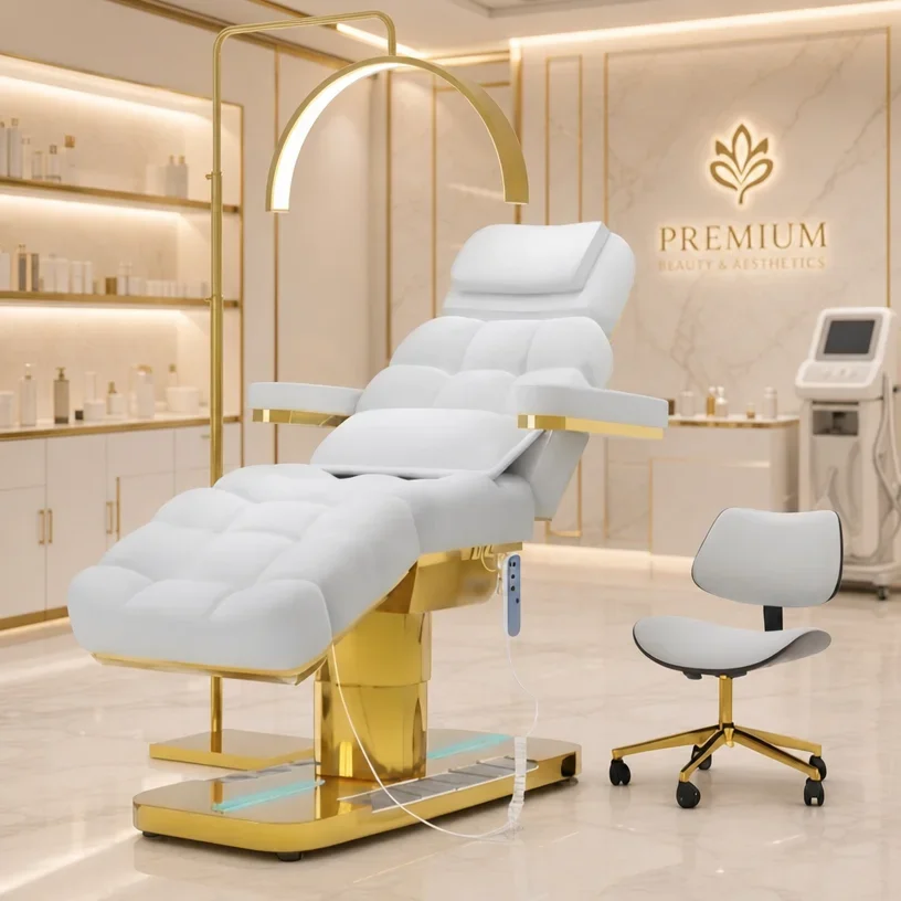 Premium Electric Black Beauty Bed Set with Gold Moon Light & Stool, 3 Motor Synthetic Leather Massage Chair for Salon Spa Treat