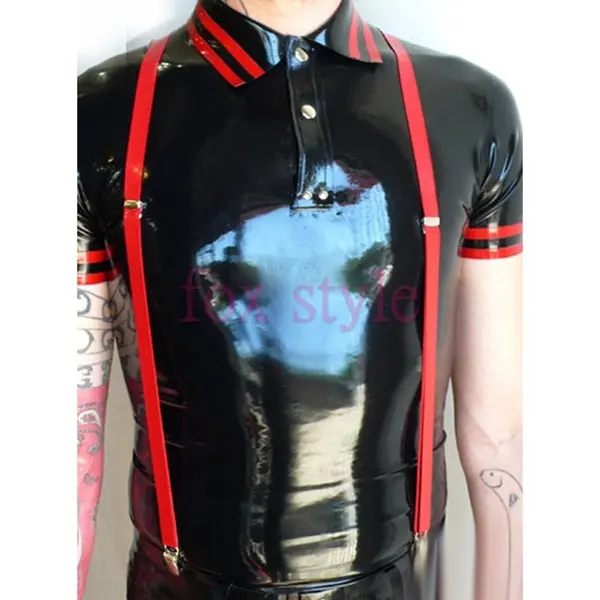 Male' s Men's nature rubber latex suspender  shirt clothes in black and red tirm in heavy 0.6mm thicnkness(without belts)