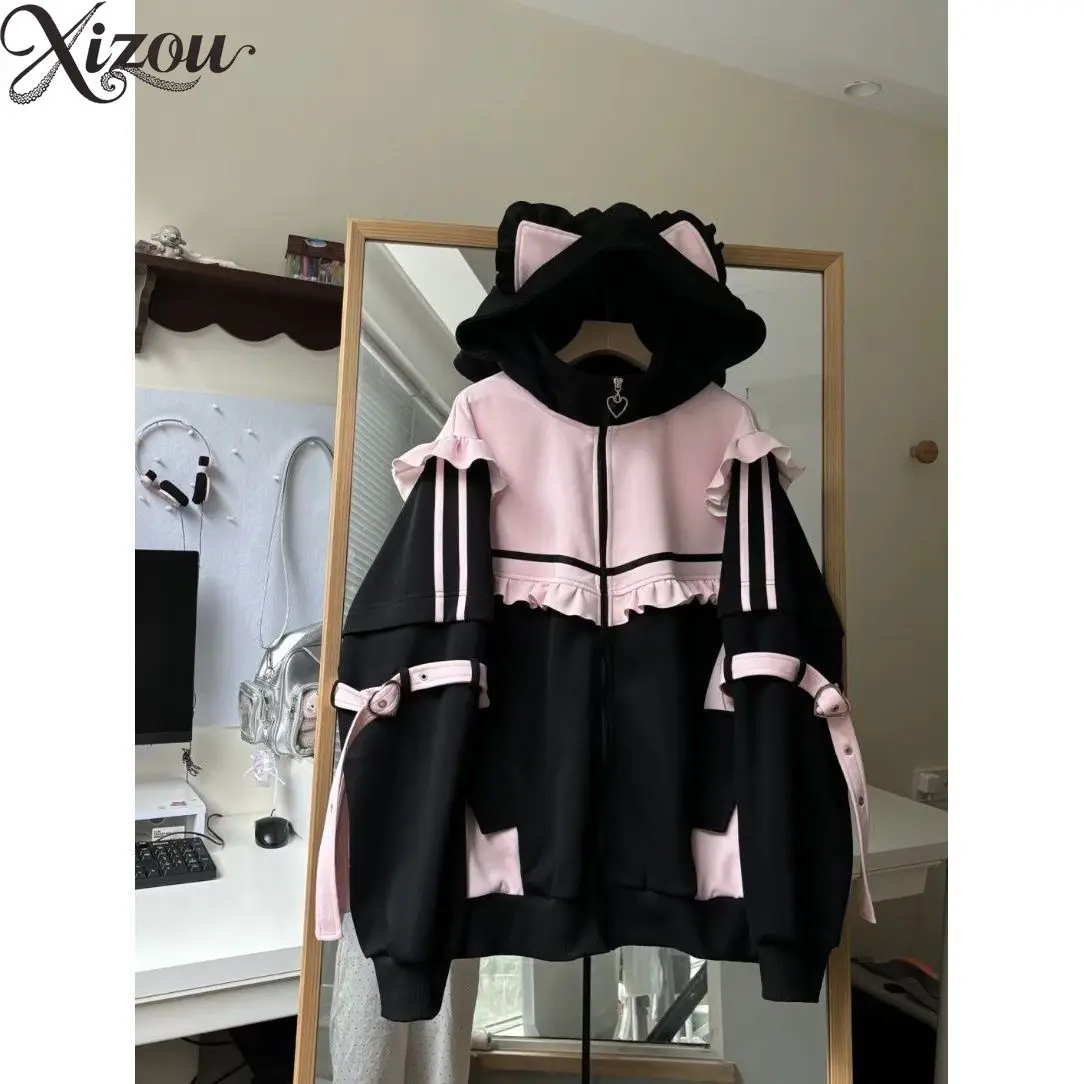 Women Sweet Punk Black Pink Color Block Hooded Jacket Cat Ear Ruffle Zip Up Thin Autumn Winter Loose Cardigan Coat Sweatshirts