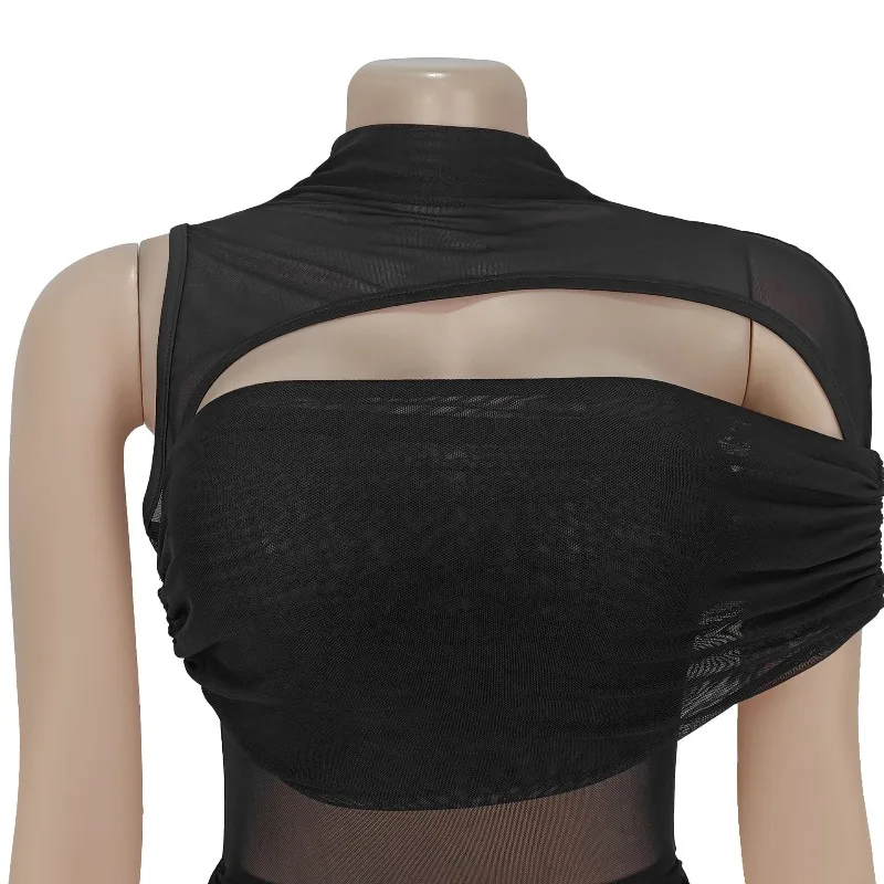 KEXU One Kurzarm-Ausschnitt, Netzstoff, gestapelt, gerüscht, figurbetont, Midi, Maxi, langes Damenkleid, 2025, Urlaub, sexy Party, Vestido-Kleider