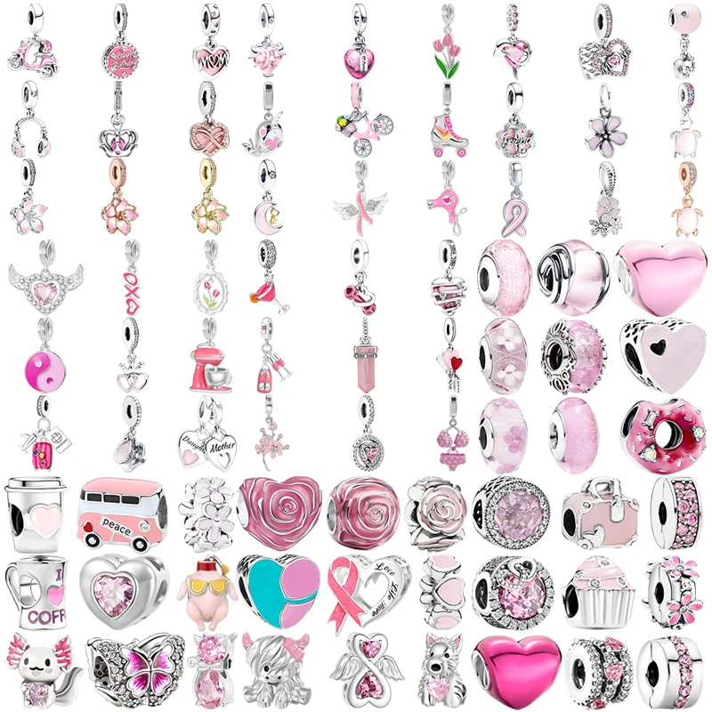 New DIY Sparkling Pink Serise Flower Dangle Butterfly Charm Heart Axolotl Bead Fit Original Silver European Bracelet JewelryGift