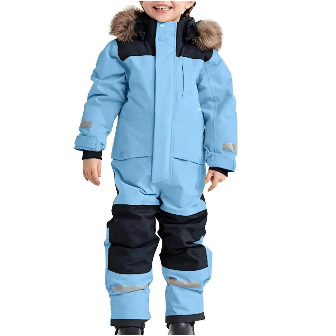 Kids One Piece Ski Suit Waterproof Windproof Snowsuit Tear-Resistant Warm Coral Fleece Lining