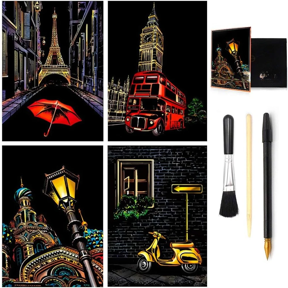 

Scratch and sketch art paper, children and adults, rainbow painting night scene scratch board, art and craft, sculpture art set
